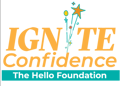the words "ignite confidence" written in yellow, with fireworks replacing the second i in "ignite;" Care Options for Kids, formerly The Hello Foundation written below in a teal-colored rectangle