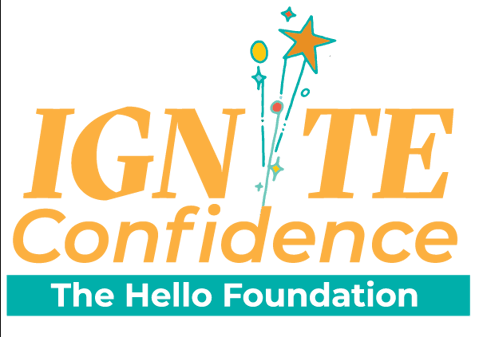 the words "ignite confidence" written in yellow, with fireworks replacing the second i in "ignite;" Care Options for Kids, formerly The Hello Foundation written below in a teal-colored rectangle