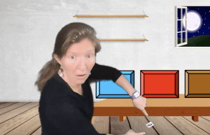 kira with virtual background with table